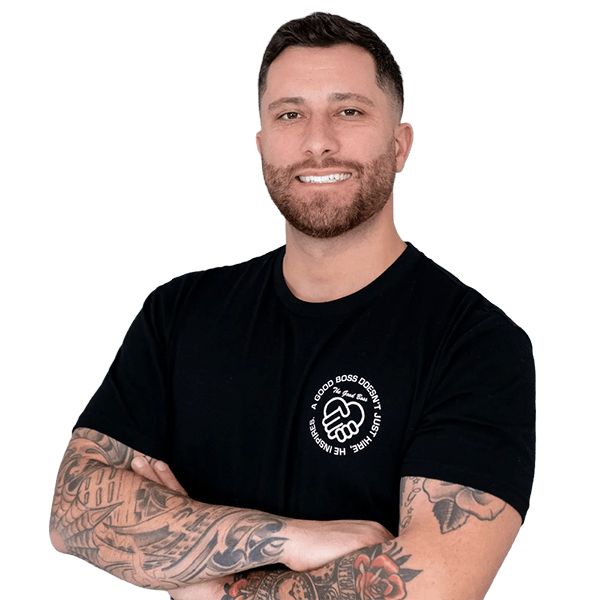 Found of fresh start, vincent, wearing a black fresh start t-shirt standing against a black background