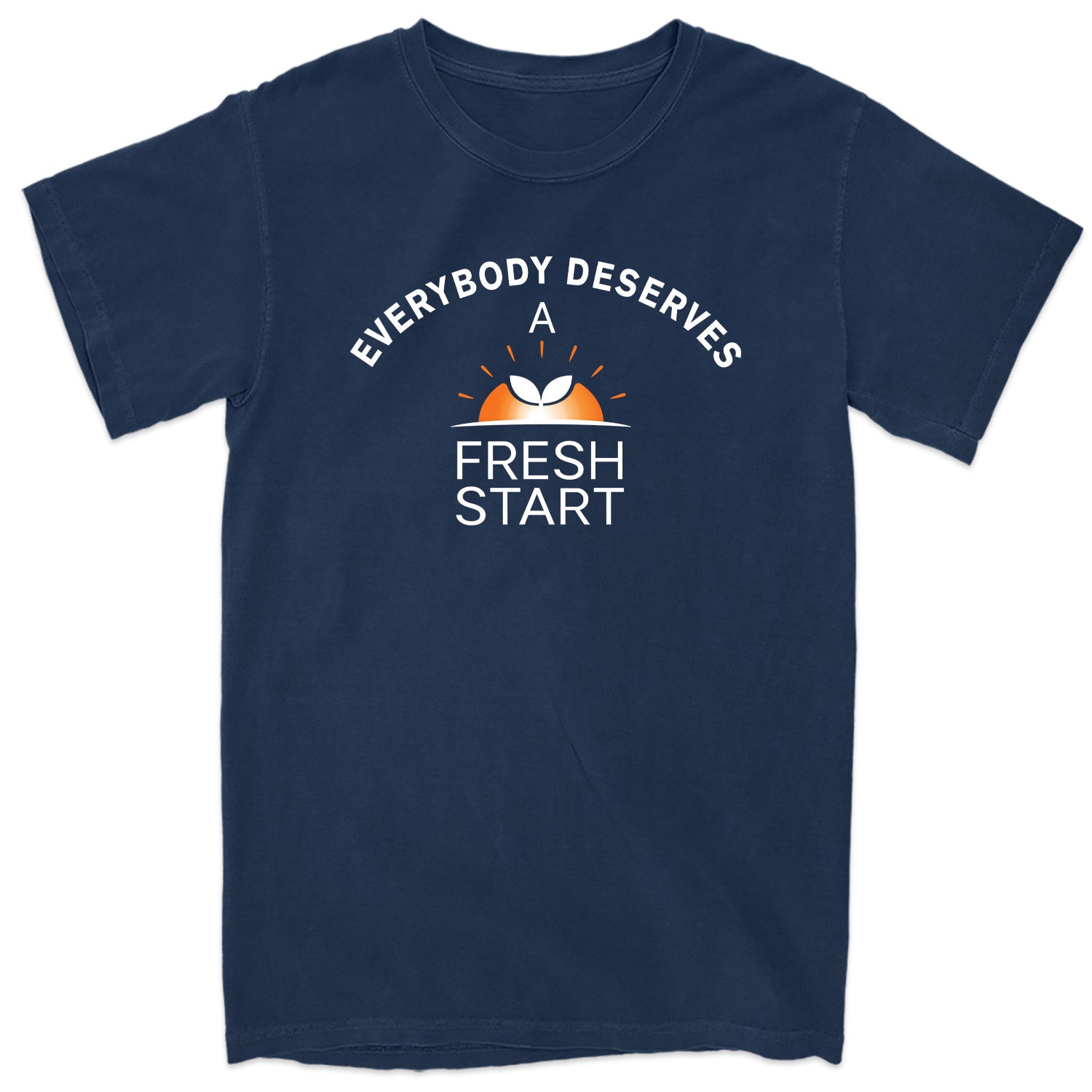 Navy blue t-shirt with motivational quote on a white background
