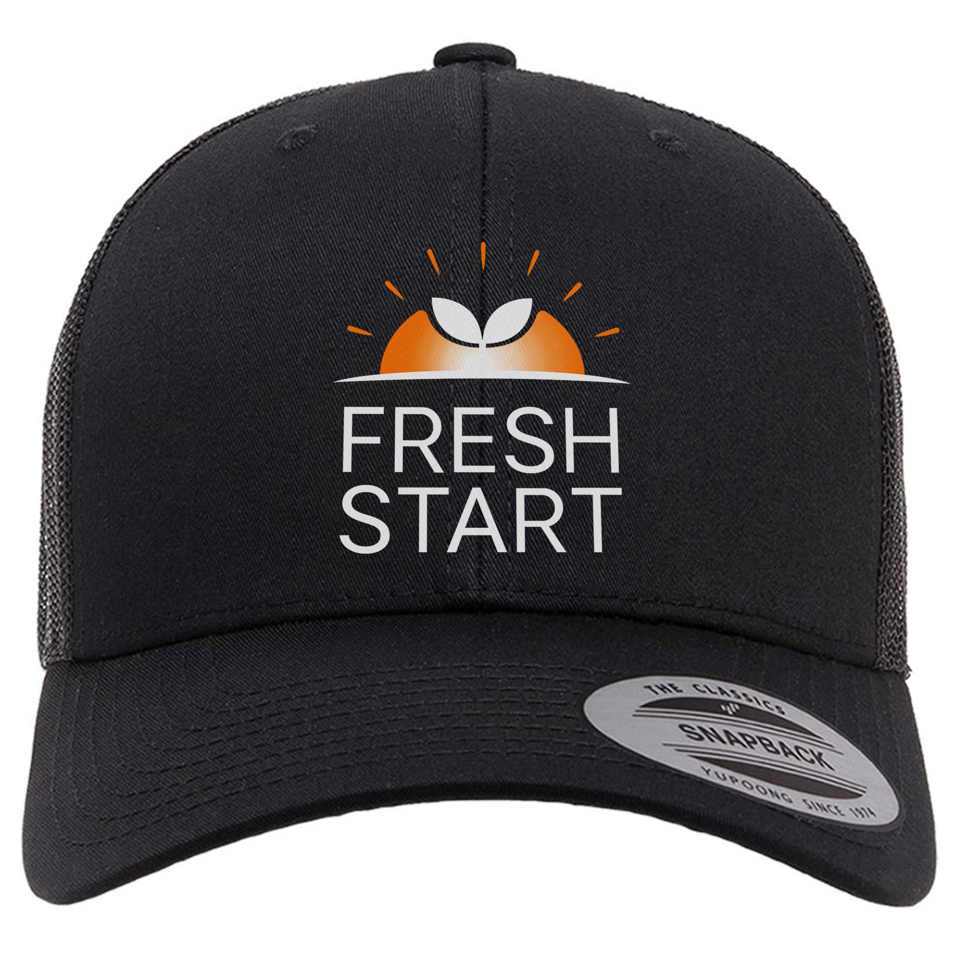 Black cap with 'Fresh Start' logo on a white background