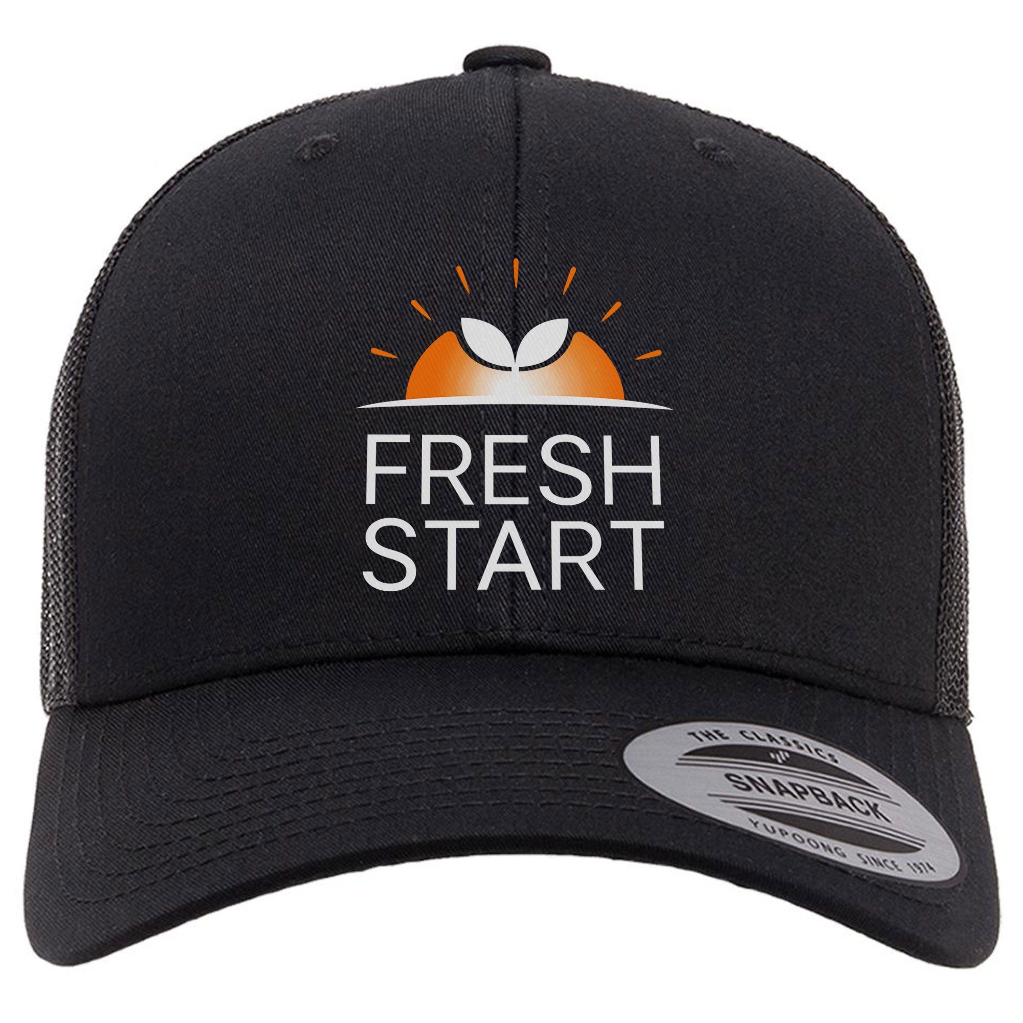 Black cap with 'Fresh Start' logo on a white background