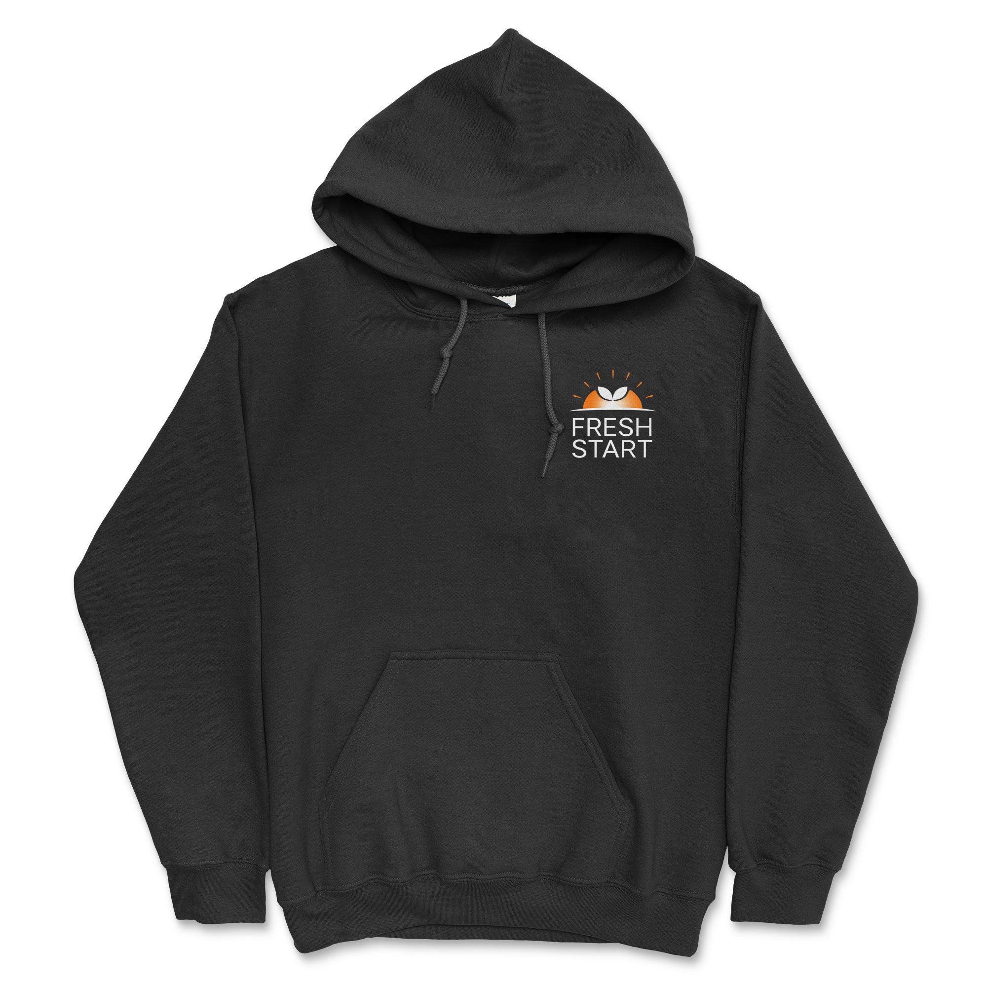 Black hoodie with 'Fresh Start' logo on a white background