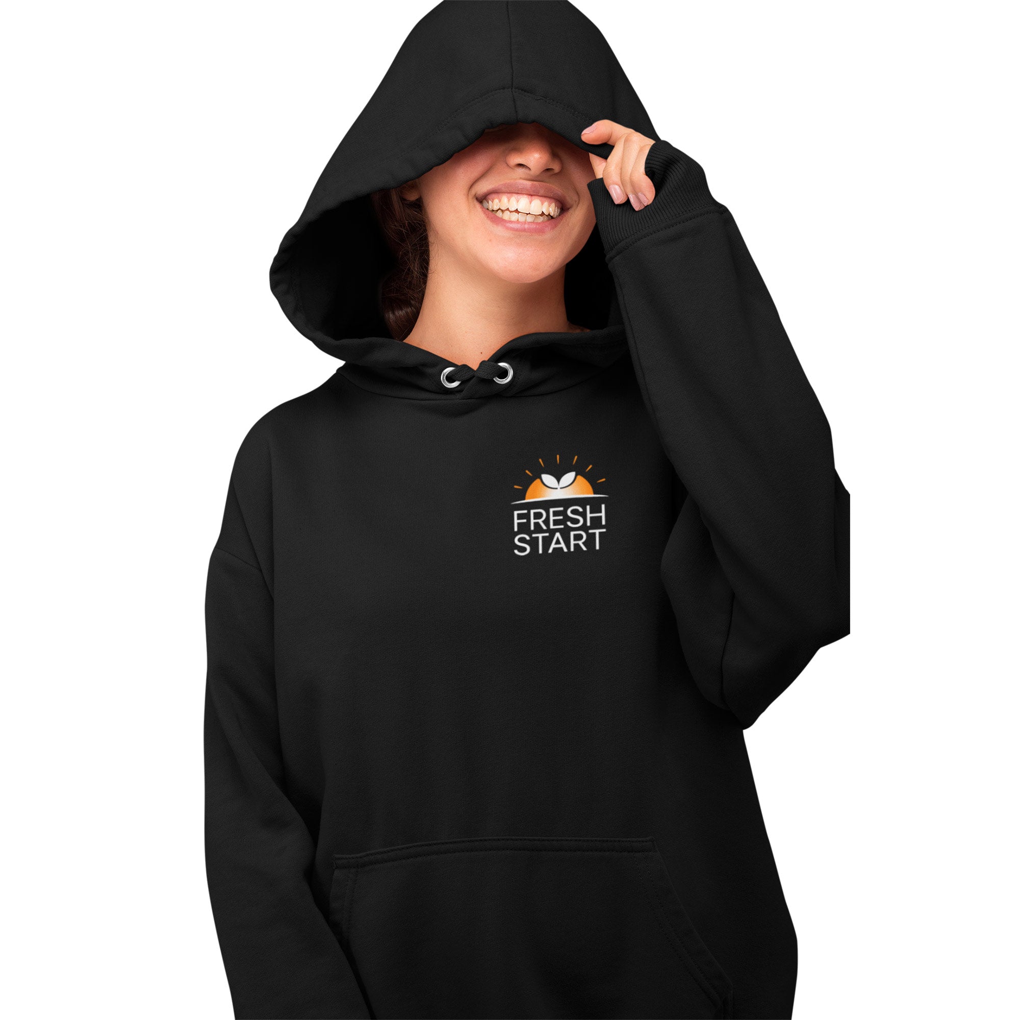 Person wearing a black hoodie with 'Fresh Start' text and logo on a white background