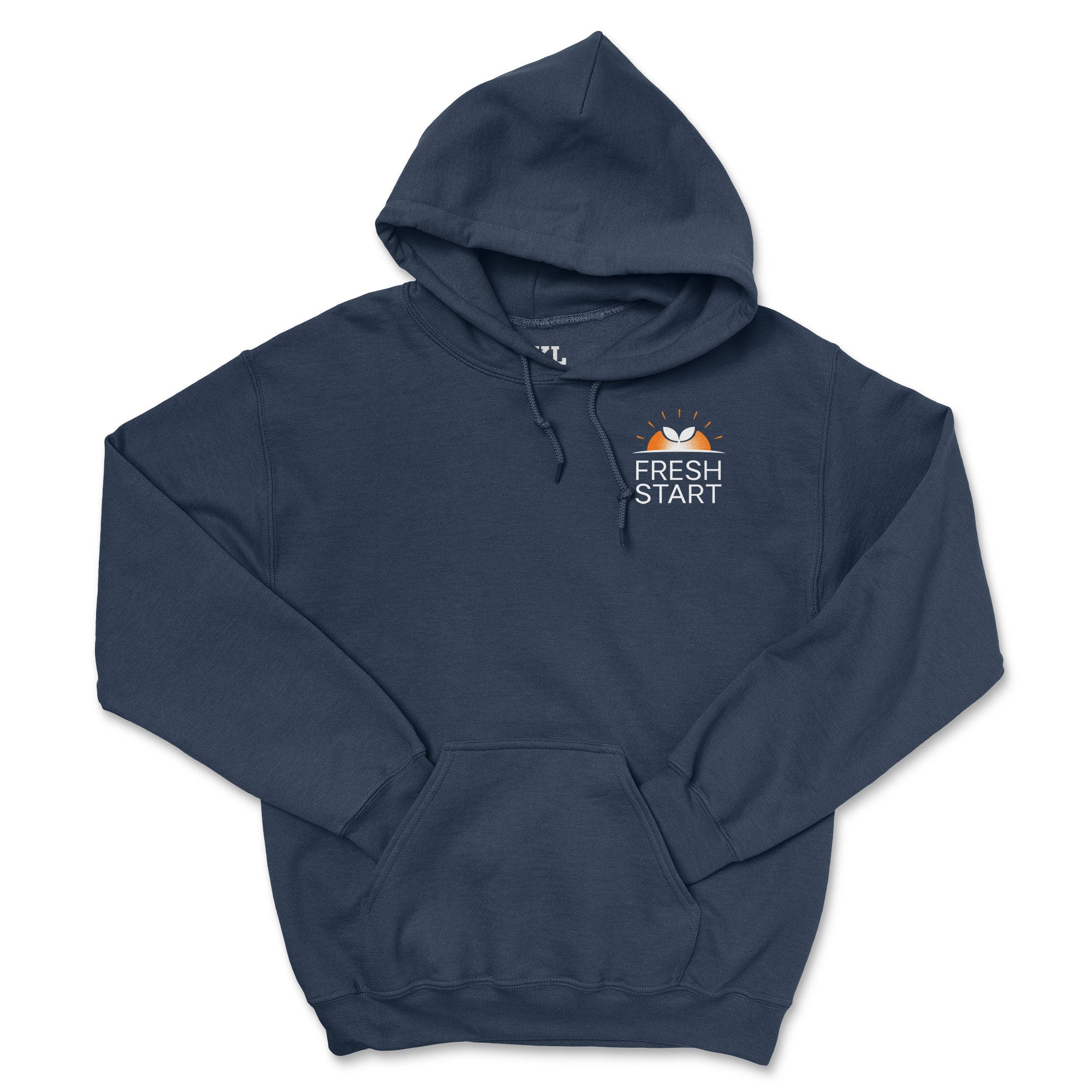 Navy blue hoodie with 'Fresh Start' logo on a white background