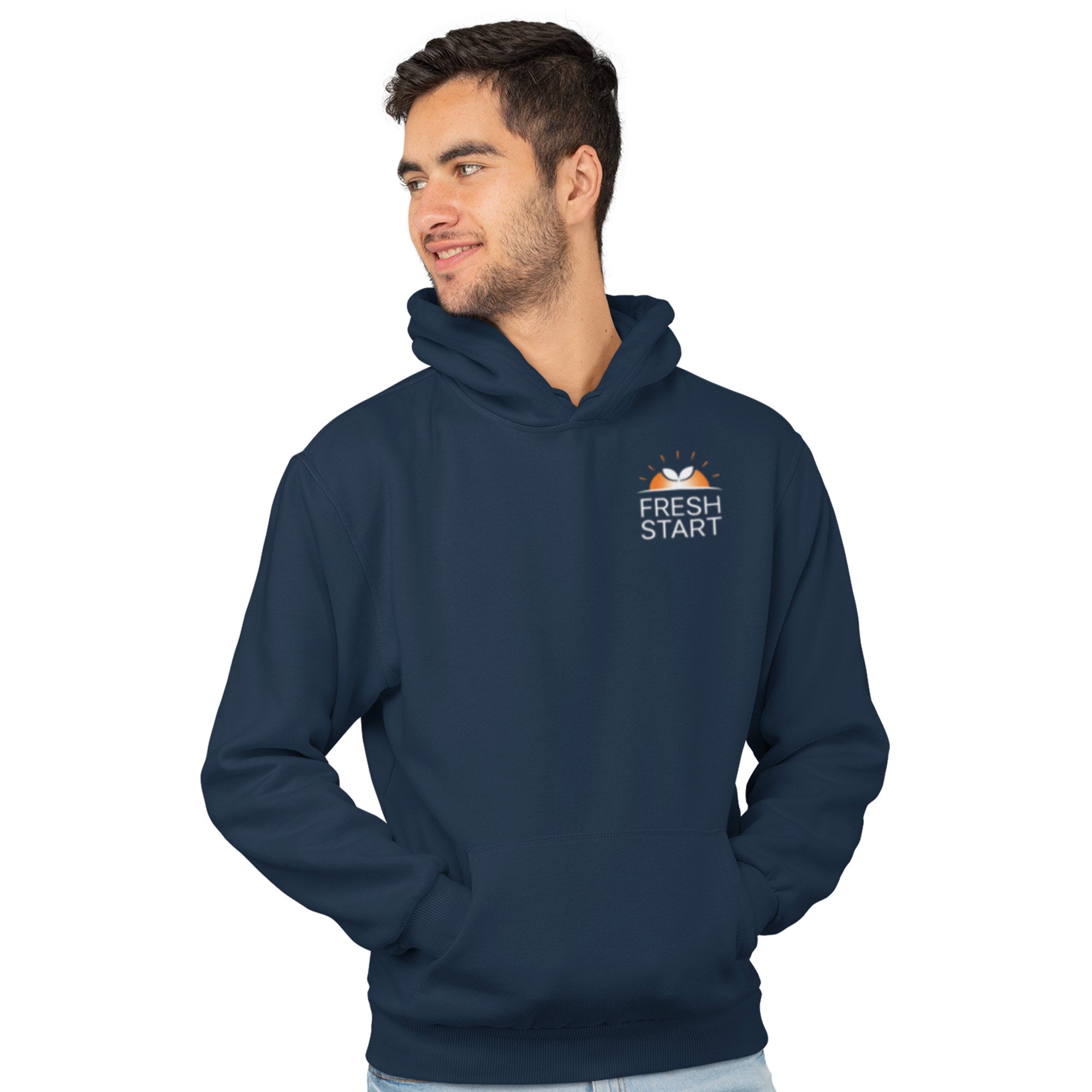 Man wearing a navy blue hoodie with 'Fresh Start' logo on a white background