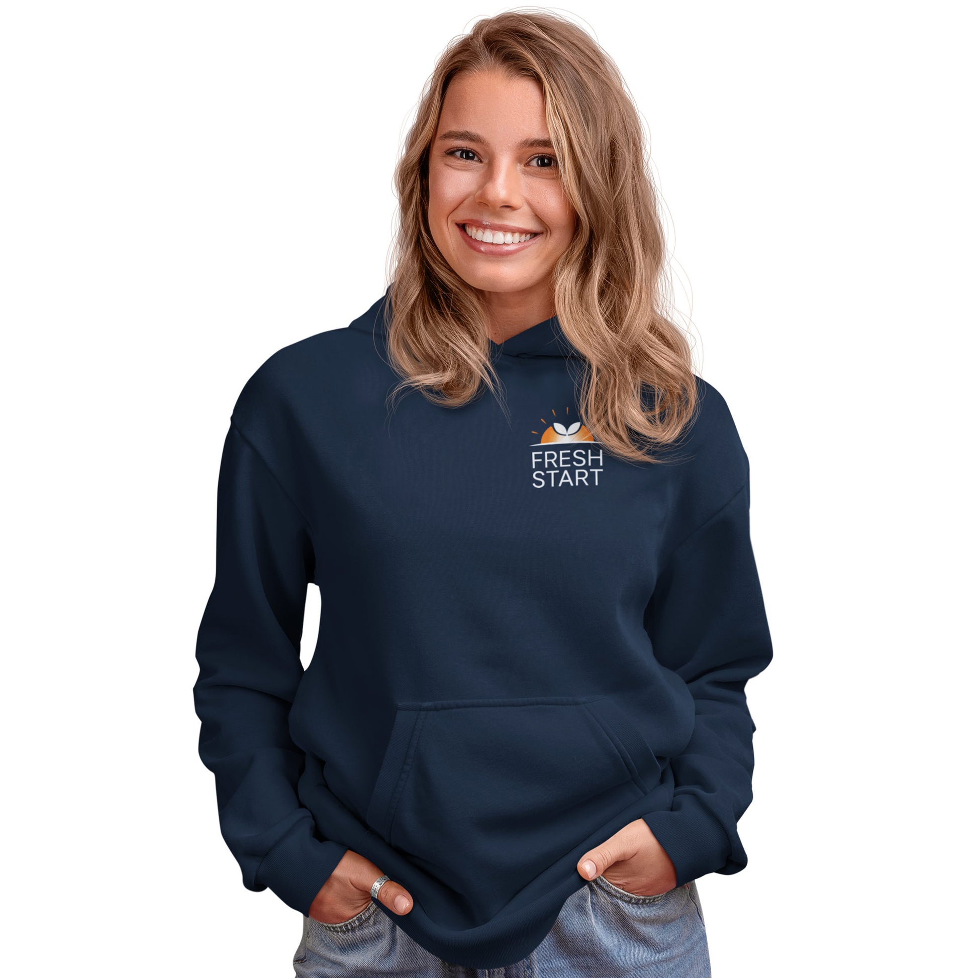 Woman wearing a navy hoodie with 'Fresh Start' text on a white background