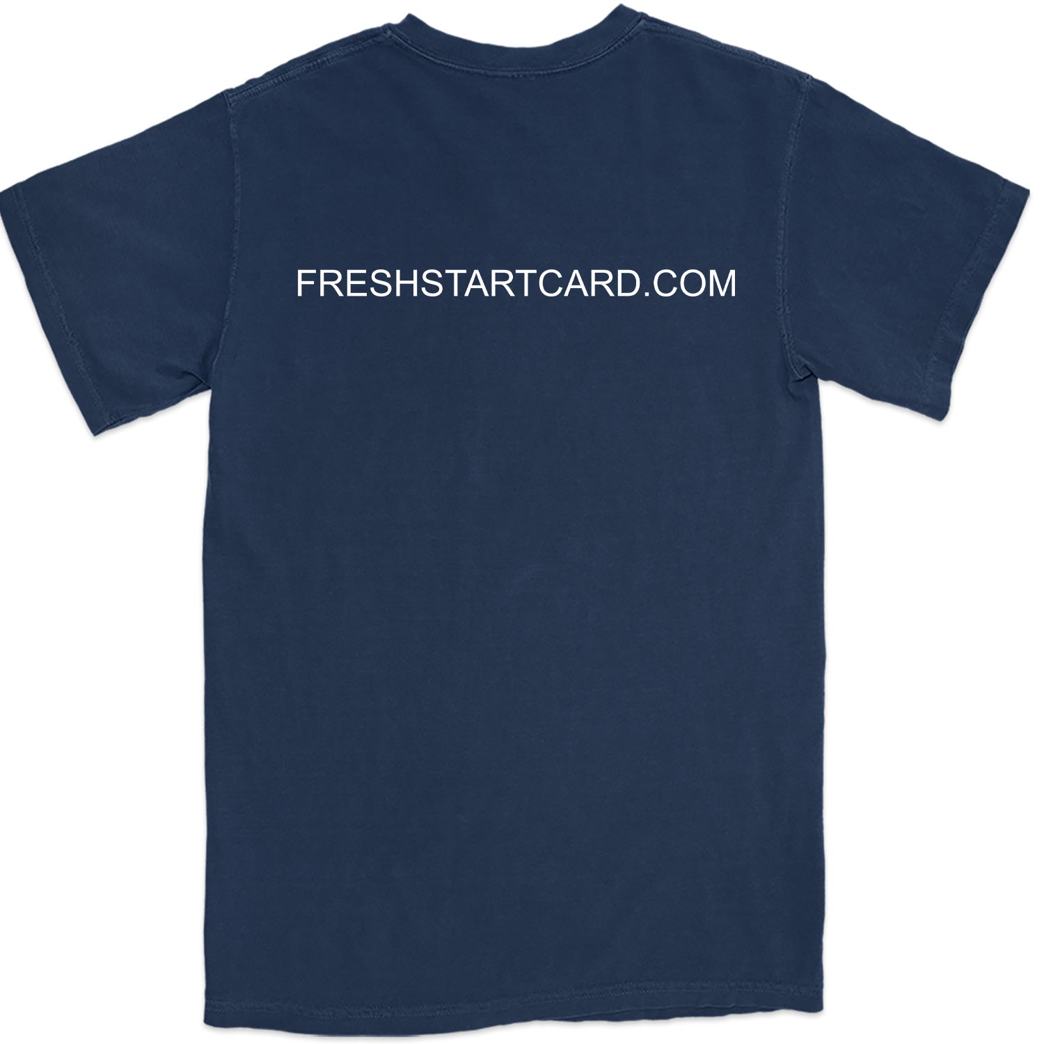 Navy blue t-shirt with 'FRESHSTARTCARD.COM' text on the back against a white background