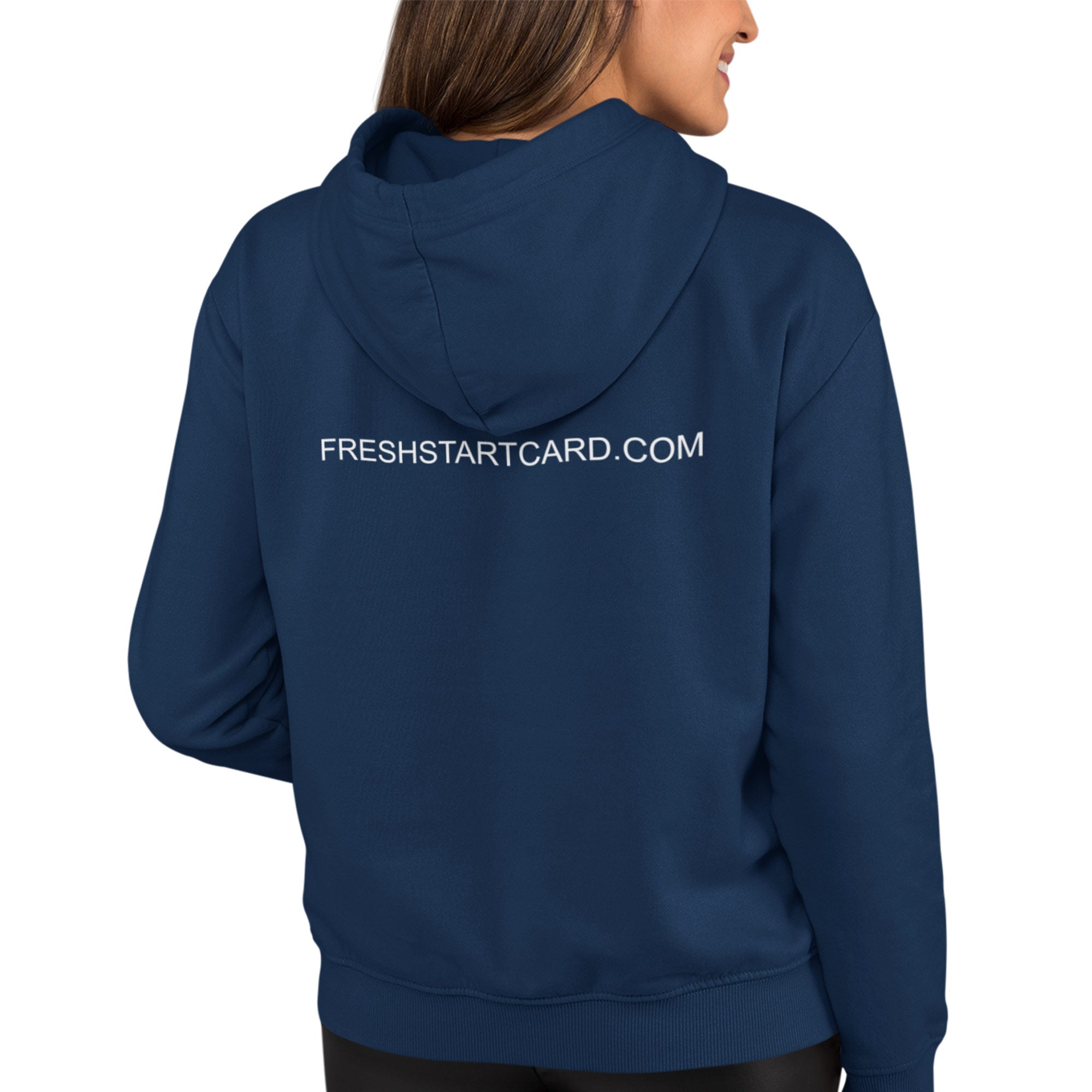 Person wearing a navy blue hoodie with 'FRESHSTARTCARD.COM' text on the back, on a white background
