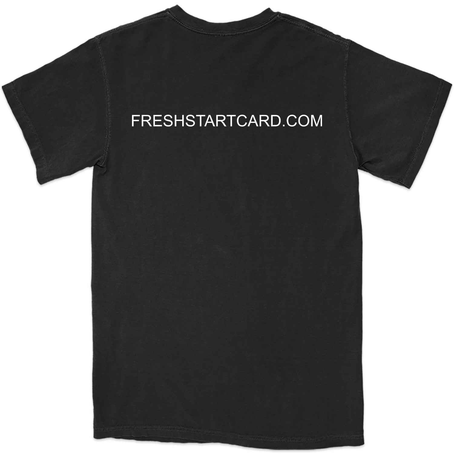 Black t-shirt with 'FRESHSTARTCARD.COM' text on the back against a white background