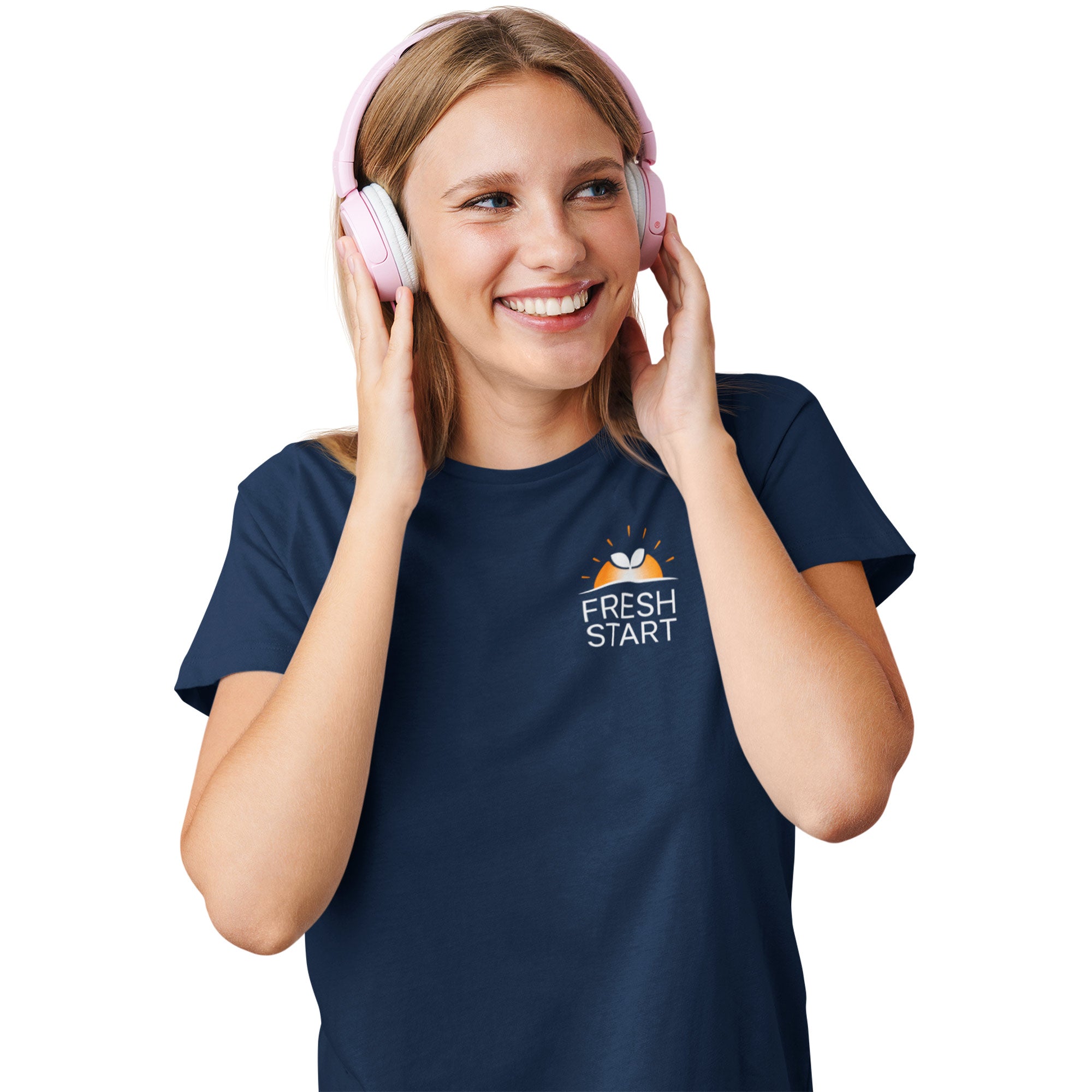 Person wearing pink headphones and a navy blue t-shirt with 'Fresh Start' logo on a white background