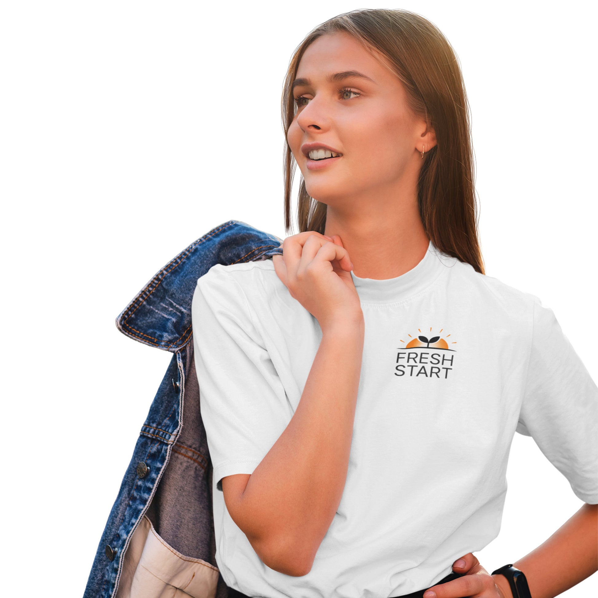 Woman wearing a white t-shirt with 'Fresh Start' logo on a white background