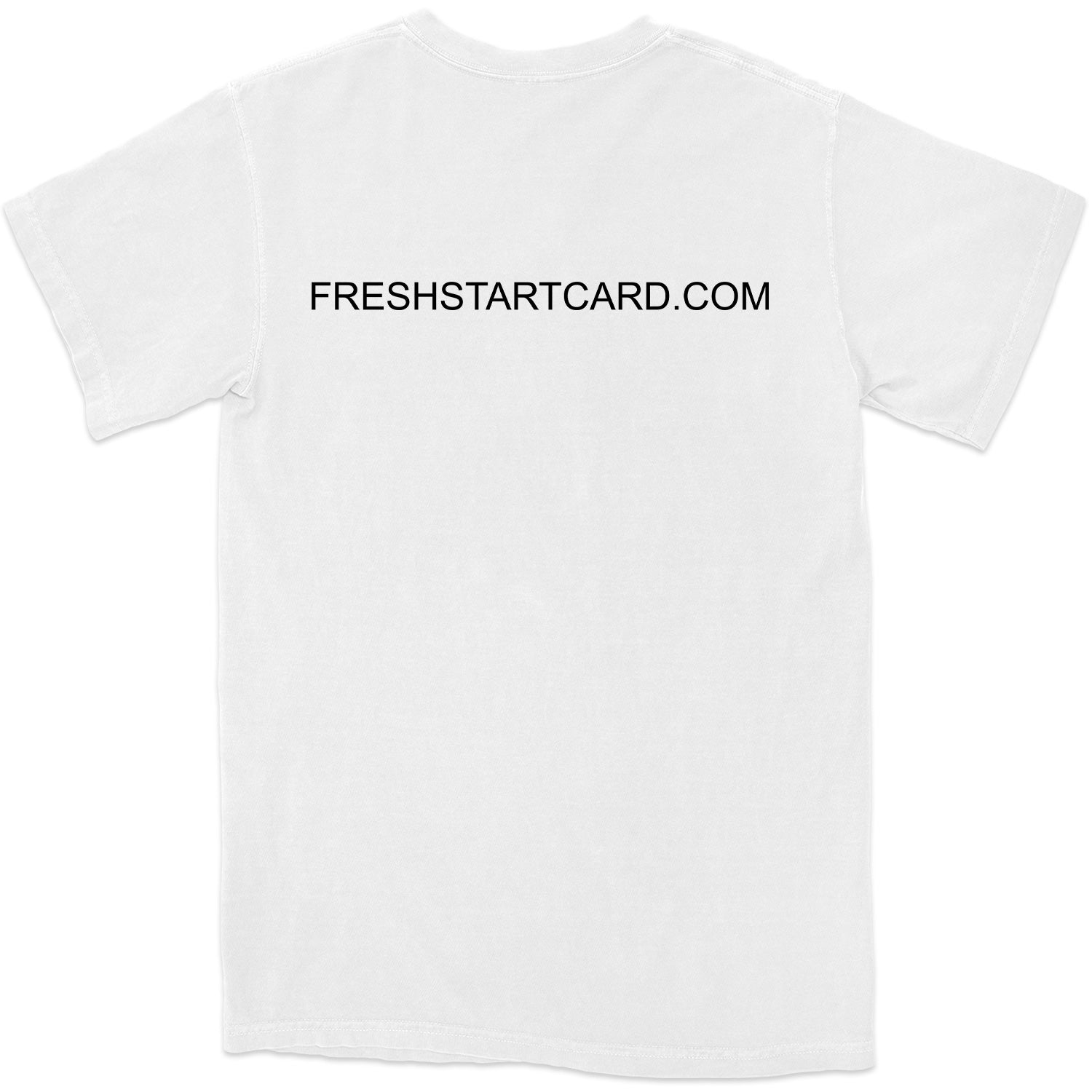 White t-shirt with 'FRESHSTARTCARD.COM' text on a white background