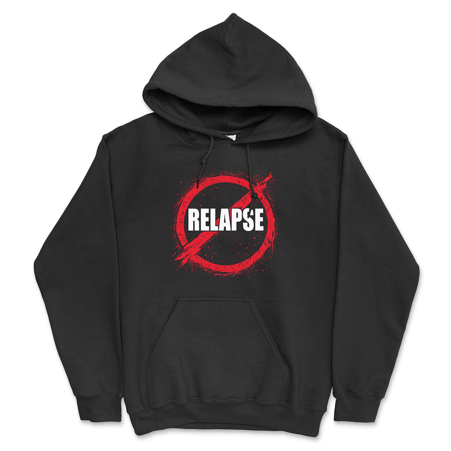 Black hoodie with 'Relapse' logo on a white background