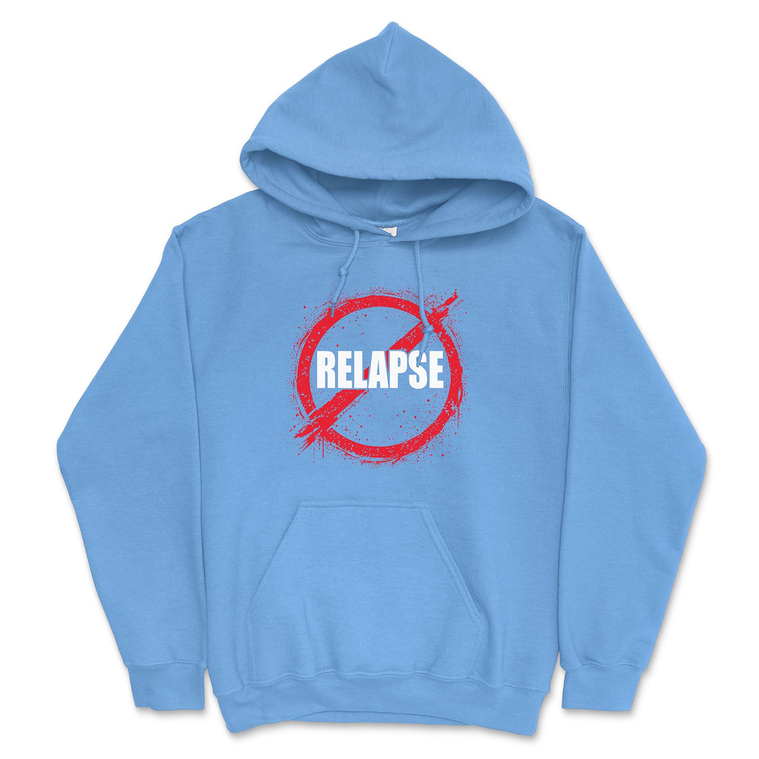 Light blue hoodie with 'No Relapse' graphic on a white background