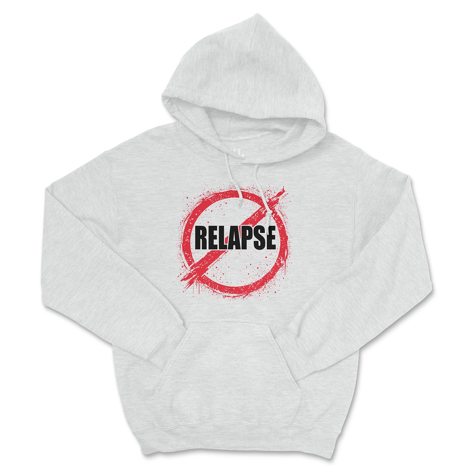 Gray hoodie with 'No Relapse' graphic on a white background