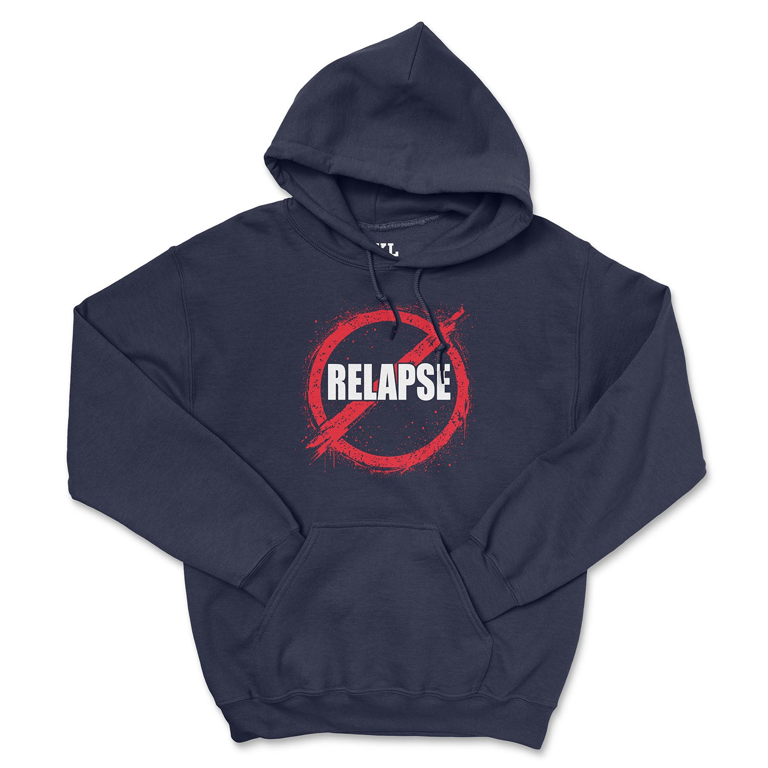 Navy blue hoodie with 'Relapse' graphic design on a white background