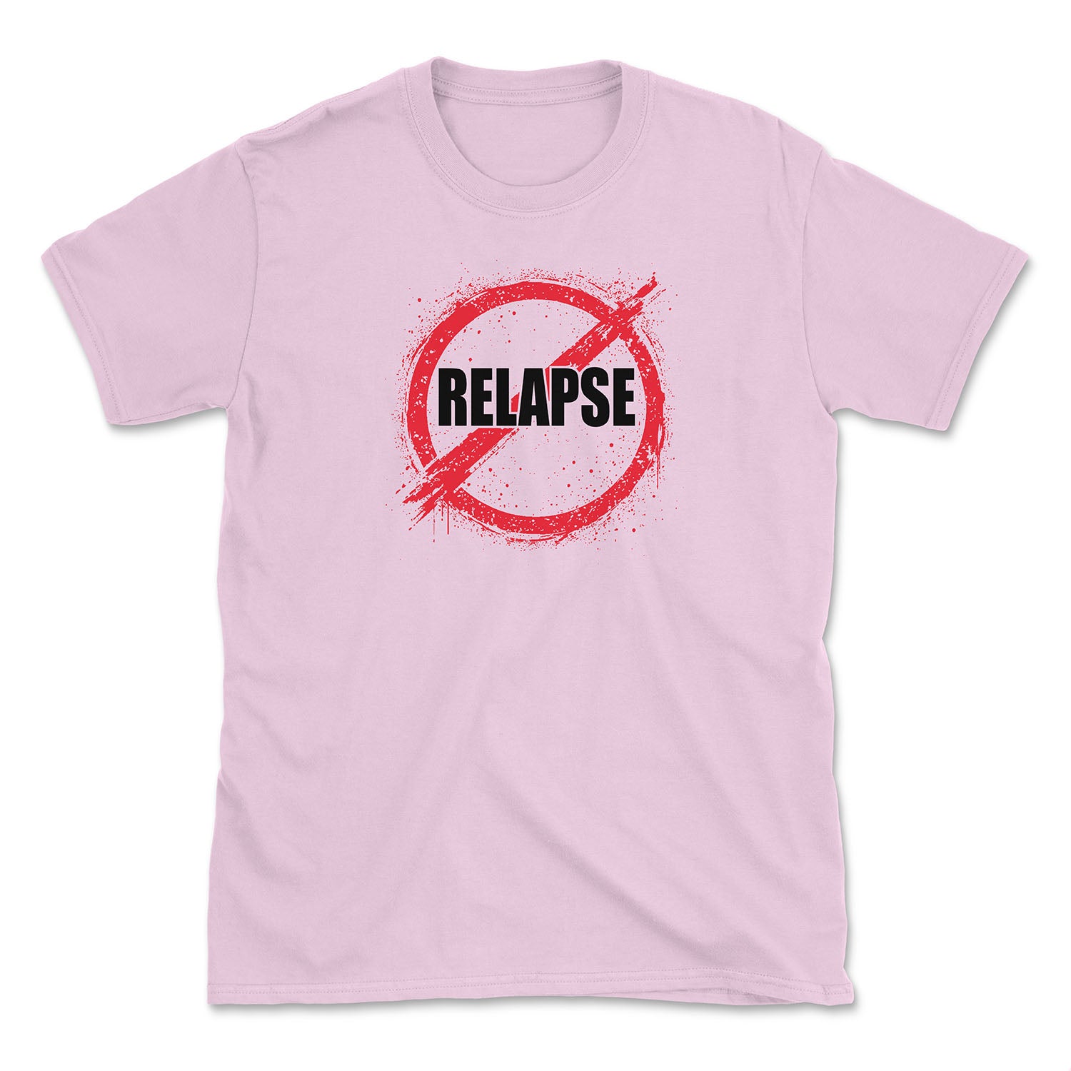 Pink t-shirt with 'No Relapse' graphic design on a white background