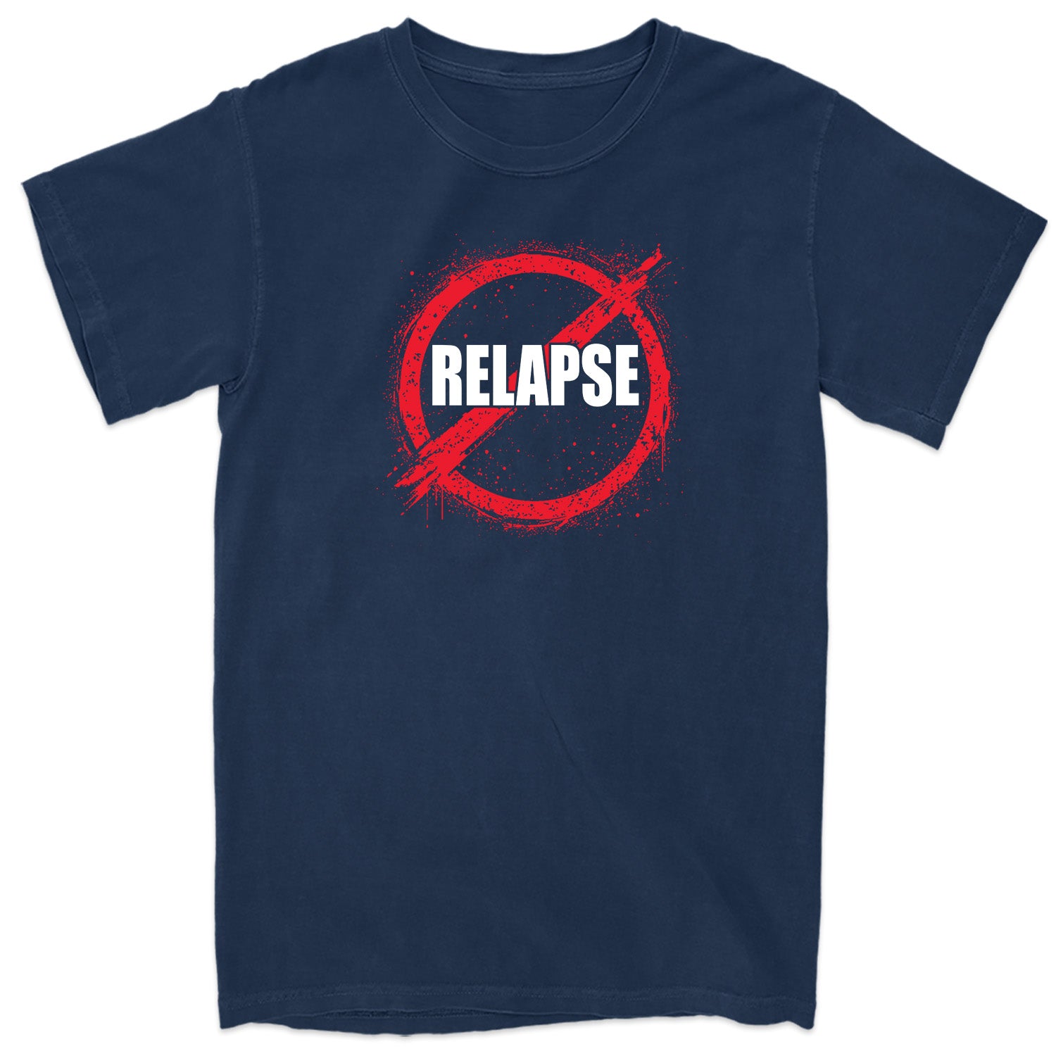 Navy blue t-shirt with a red circle and line through it, featuring the word 'Relapse' in white.