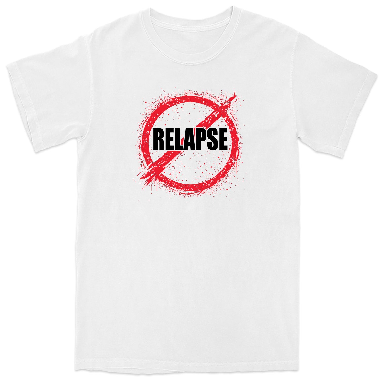 White t-shirt with a red circle and line through it, featuring the word 'Relapse' on a white background.