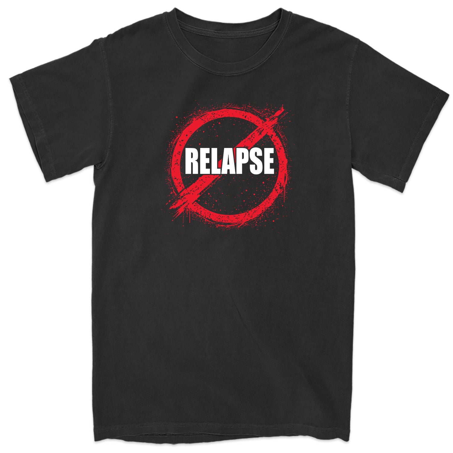 Black t-shirt with a red circle and line through it, featuring the word 'Relapse' on a white background.
